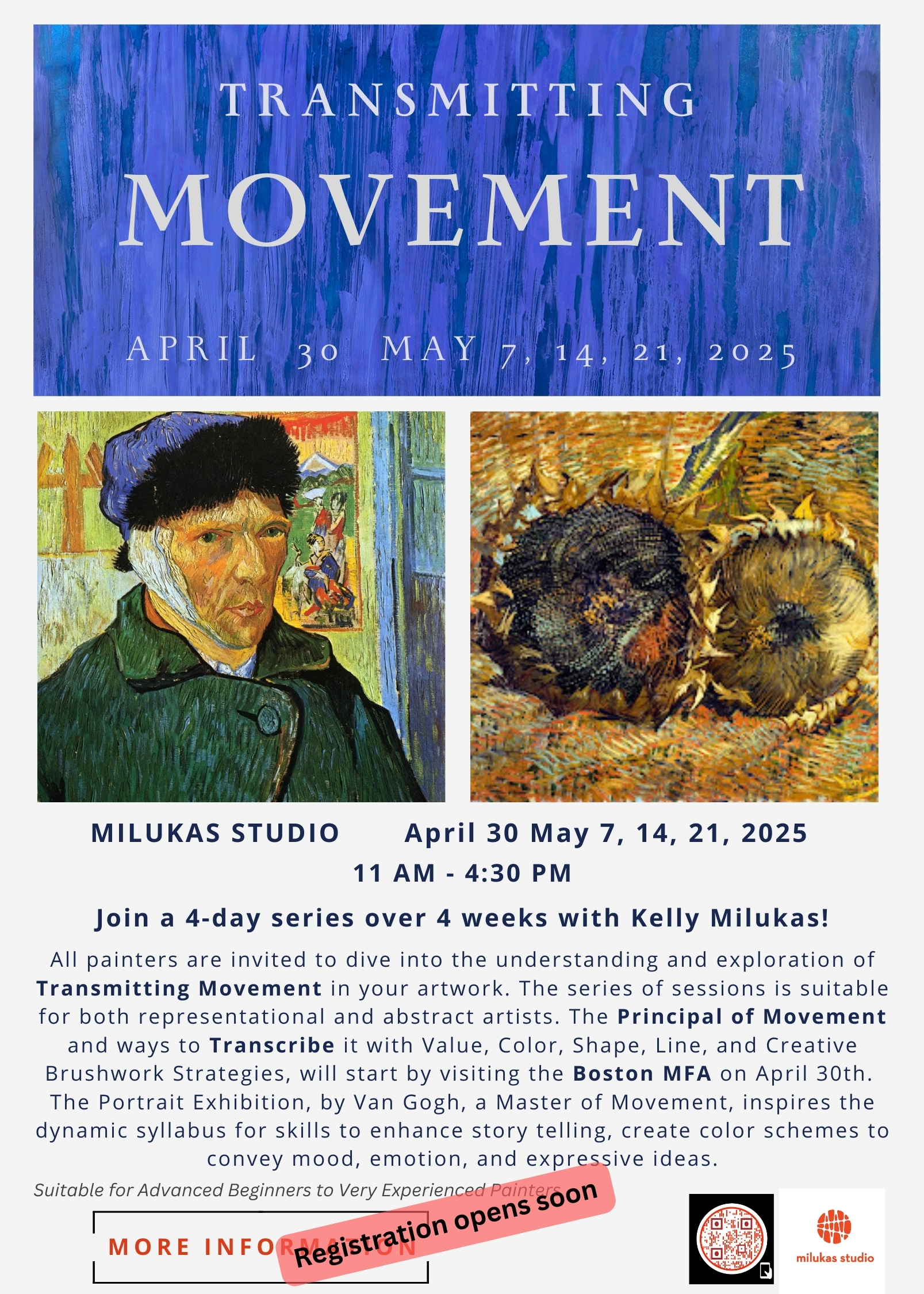 Painting workshop with Kelly Milukas – Learn to transmit movement in art using color, shape, and brushwork. Join the 4-week series at Milukas Studio