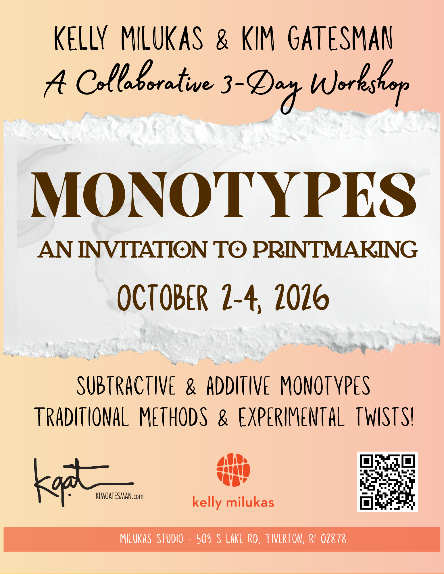 Monotypes printmaking workshop with Kelly Milukas and Kim Gatesman at Milukas Studio in Tiverton, Rhode Island, October 2–4, 2026.