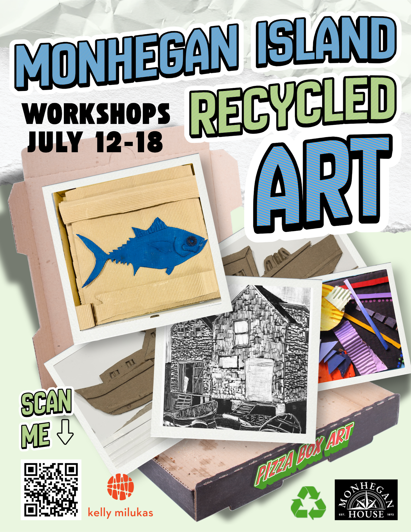 Monhegan Island Recycled Art Workshop led by Kelly Milukas featuring sustainable mixed media artwork created from recycled cardboard, pizza boxes, and found materials.